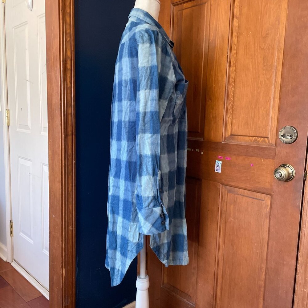 FREE PEOPLE Blue Plaid Flannel Button-Down Tunic Shirt Oversized Boho Grunge M - Picture 7 of 13